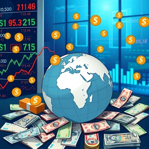 未來的金融市場場景，顯示數位貨幣符號。