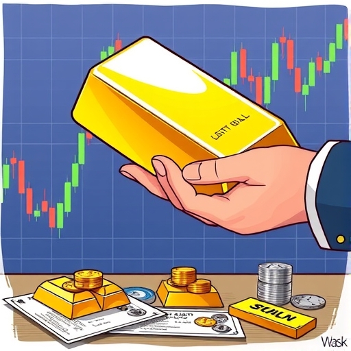 一根閃亮的金條背景為股票市場圖表。