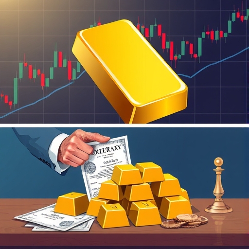 一張桌上擺放著黃金條和投資工具的插圖。