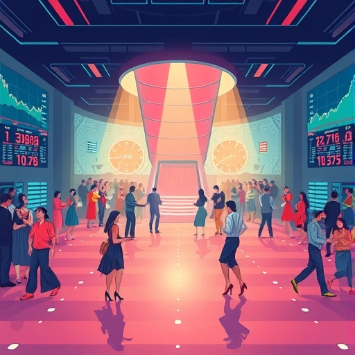 一幅生動的插圖，呈現股票市場的舞池，交易者優雅地舞動。