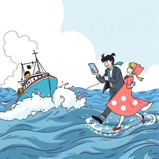 一艘船在波濤洶湧的海面上航行。