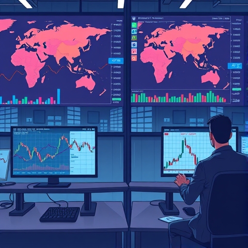 交易者在現代辦公室中分析外匯數據，使用多螢幕顯示。