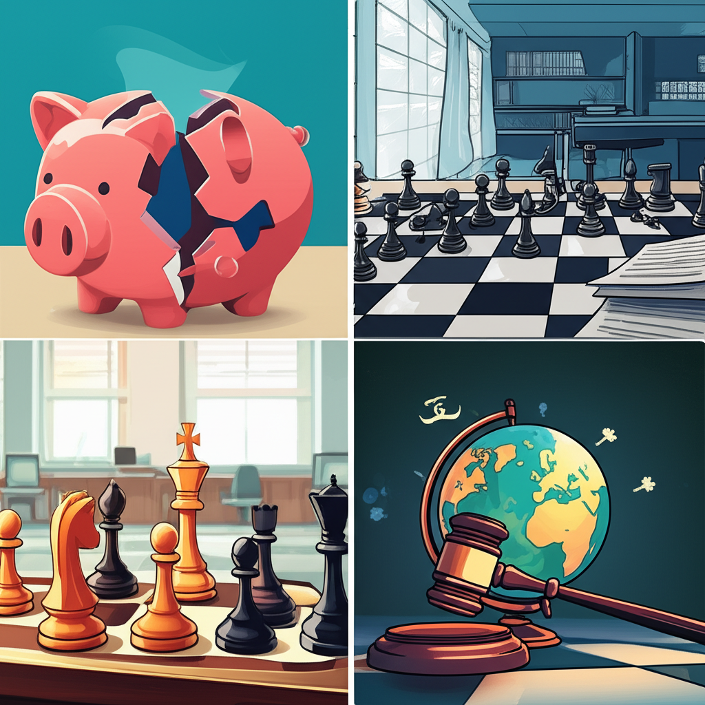 股票下市原因插圖,破裂的存錢罐代表財務問題,下棋板代表管理變動,法槌代表法律違規,地球儀代表策略調整,在企業環境中