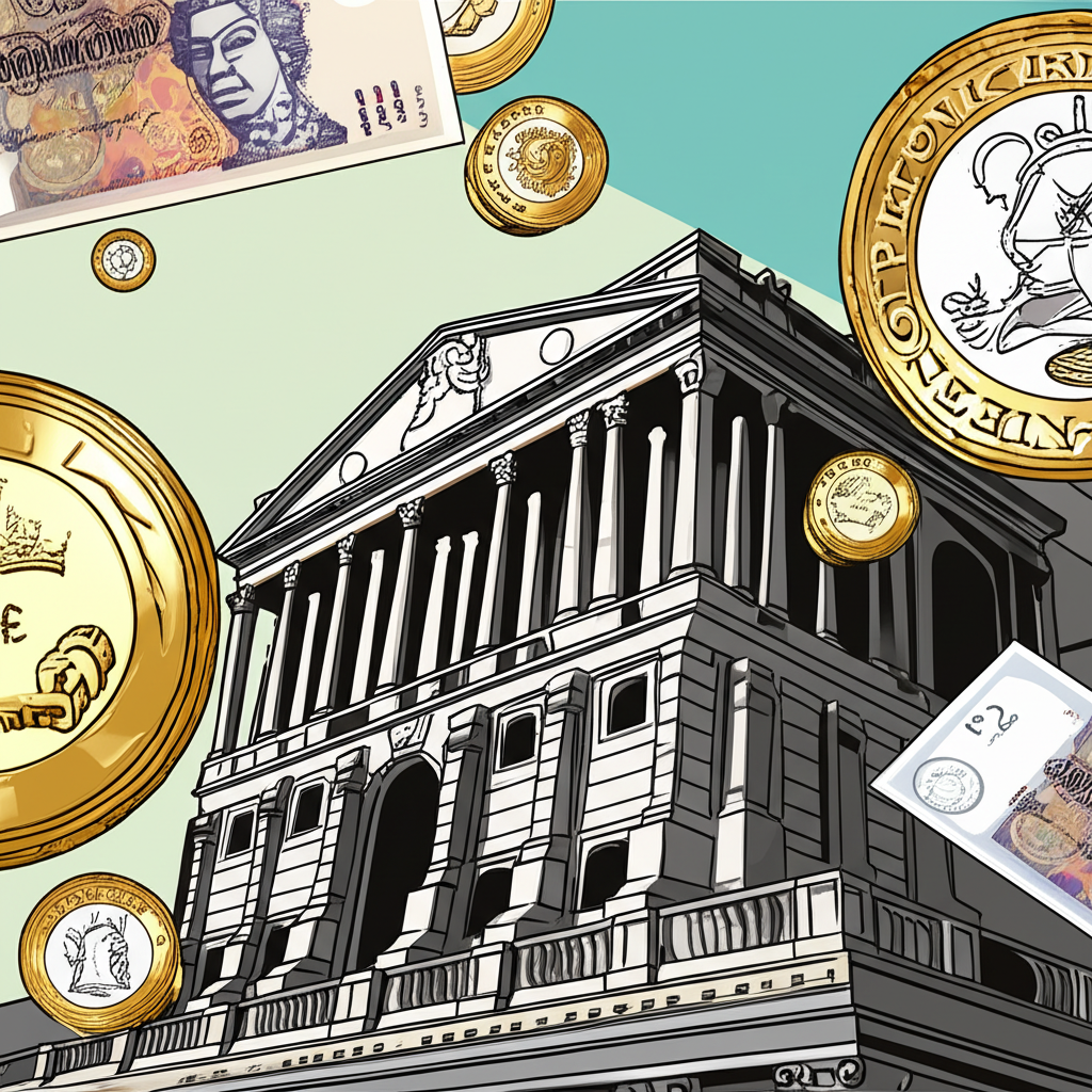 英格蘭銀行經典建築,周圍飄浮各種英鎊紙幣與硬幣,象徵英國官方貨幣的地位