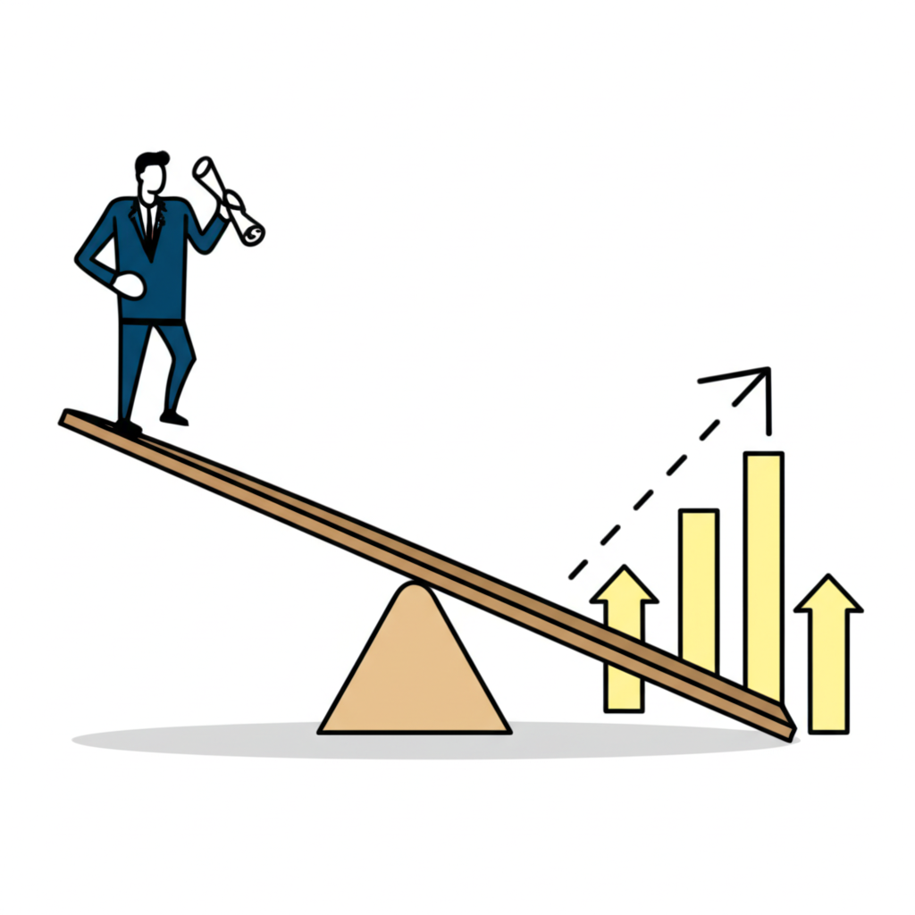 投資者平衡市場持倉的插圖，像在翹翹板上握緊股票證書，象徵潛在獲利與損失