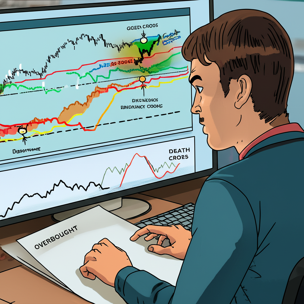 股票圖表插圖顯示KDJ線，展現黃金交叉、死亡交叉與背離模式，交易員專注分析，標註超買超賣區