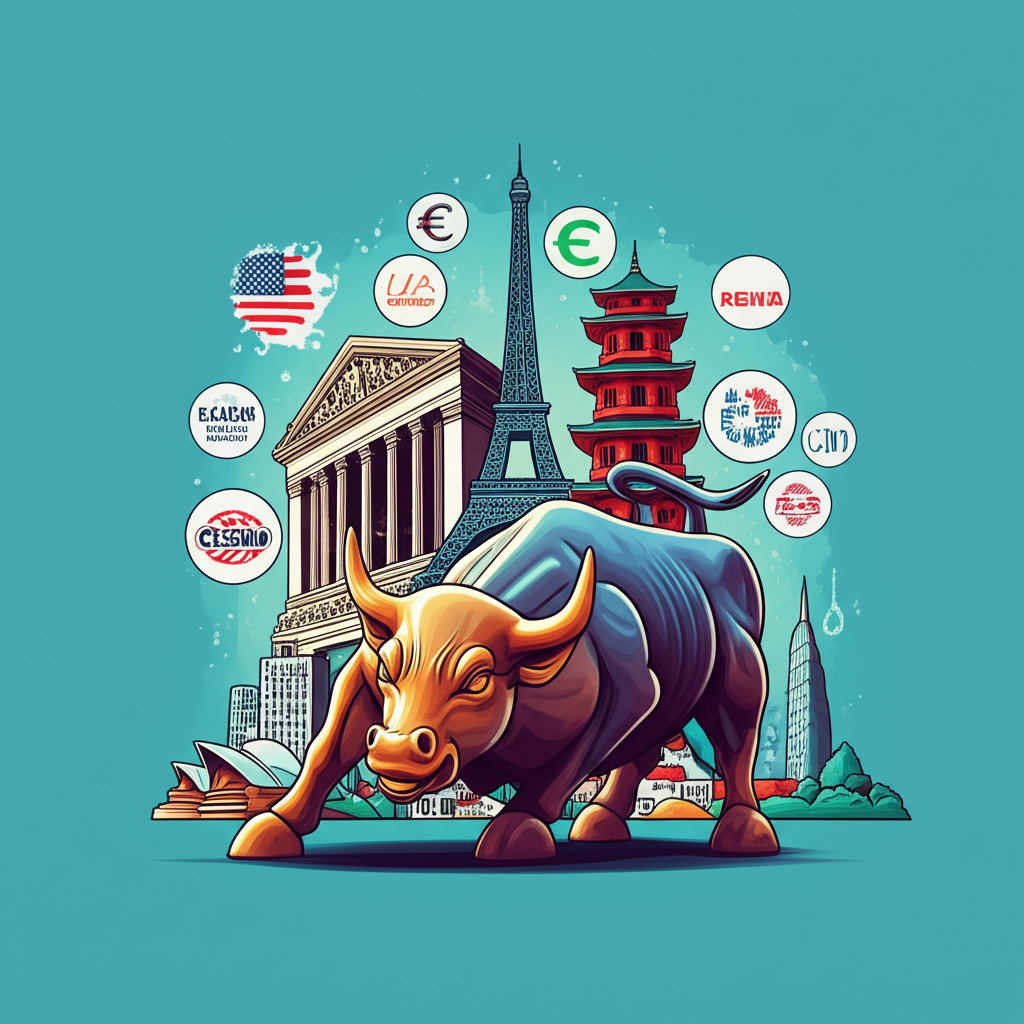 美洲、歐洲、亞洲及大洋洲主要股市指數,以標誌性地標和多元公司標誌呈現的插圖