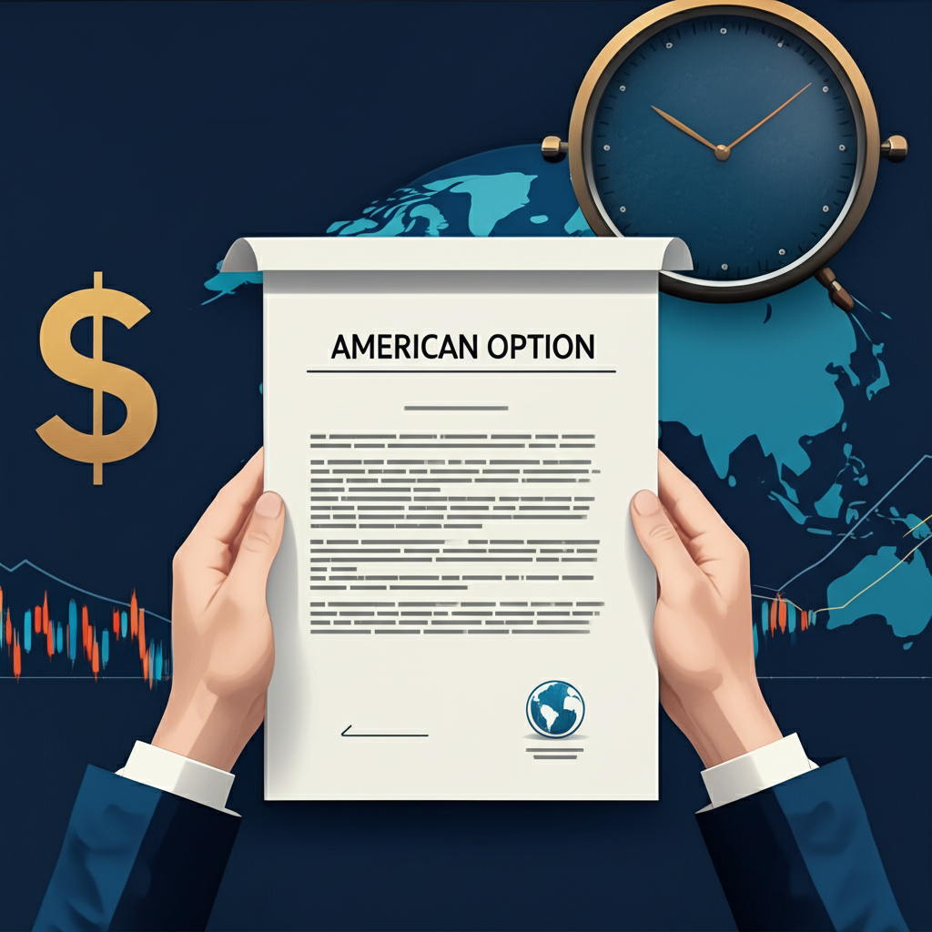 一位投資者手持標註為美式選擇權的合約,背景有時鐘顯示彈性行使時間、美元符號代表金融市場、全世界地圖象徵國際市場,以及圖表顯示投資成長的財務概念插圖