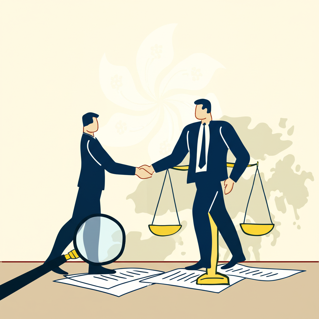 公司與投資者洽談私募，平衡優缺點，背景融入台灣與香港地圖