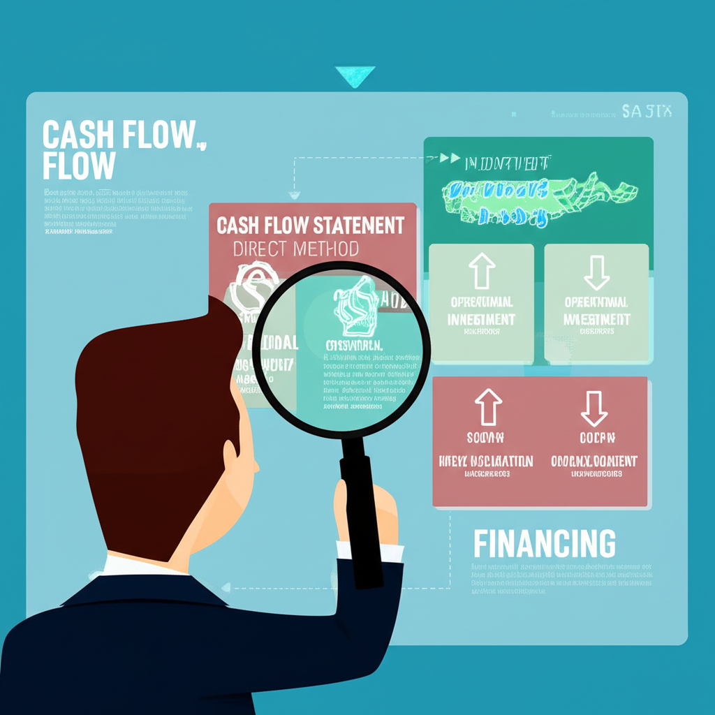 企業主查看現金流量表直接法的儀表板，顯示現金流入與流出，放大鏡突出營運、投資與籌資活動