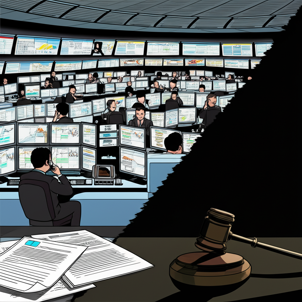 SAC資本顧問公司繁忙交易廳的插圖,轉向法律文件與法槌陰影,象徵崛起與內線交易醜聞