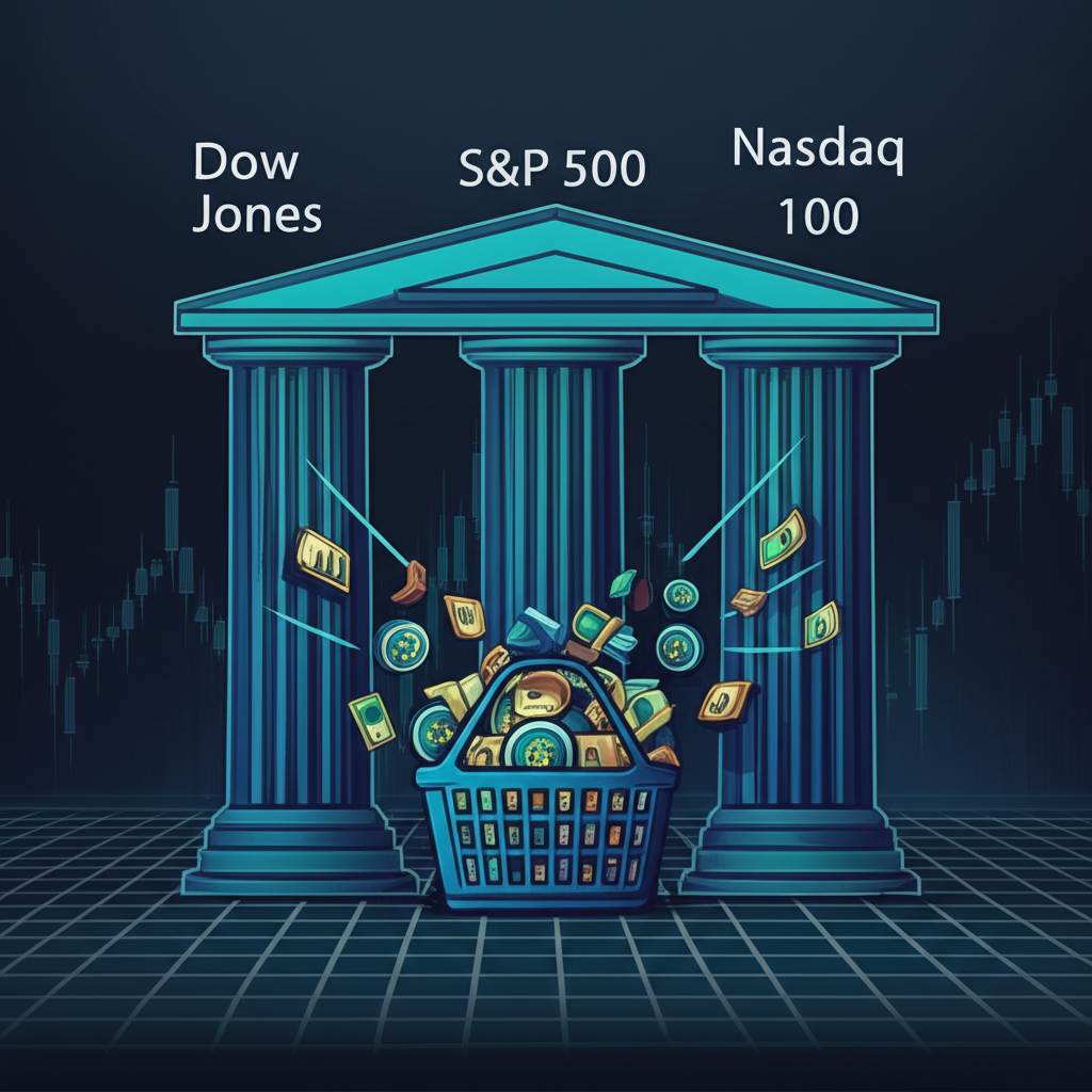 一個插圖顯示三個標記為道瓊、S&P 500、那斯達克100的支柱,代表美國股票市場的不同面向,一籃子股票流入它們,在交易螢幕上