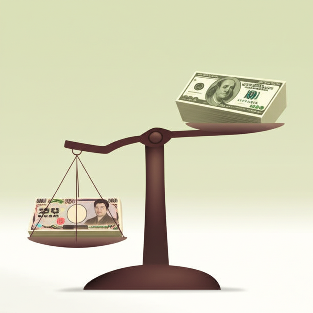 An illustration of a financial balance scale showing the Japanese Yen side heavily weighted down by loose monetary policy while the US Dollar side is higher due to aggressive interest rate hikes global interest rate differentials and central bank policies are key factors