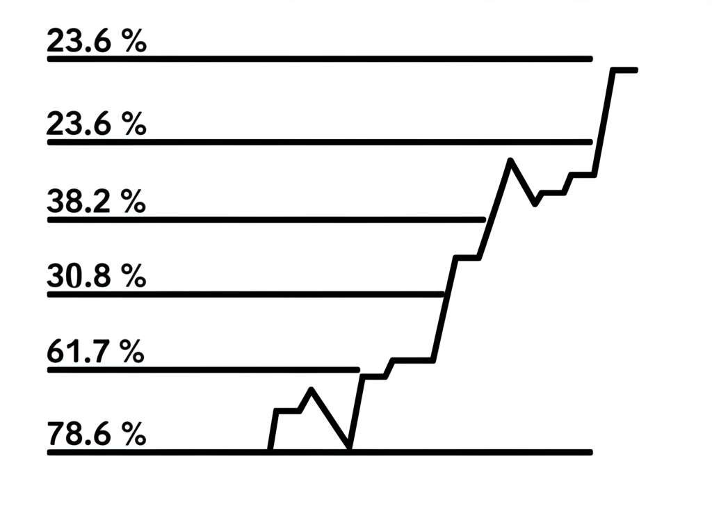 上升價格圖表上標註23.6%、38.2%、50%、61.8%、78.6%回撤線，顯示支撐與阻力區域