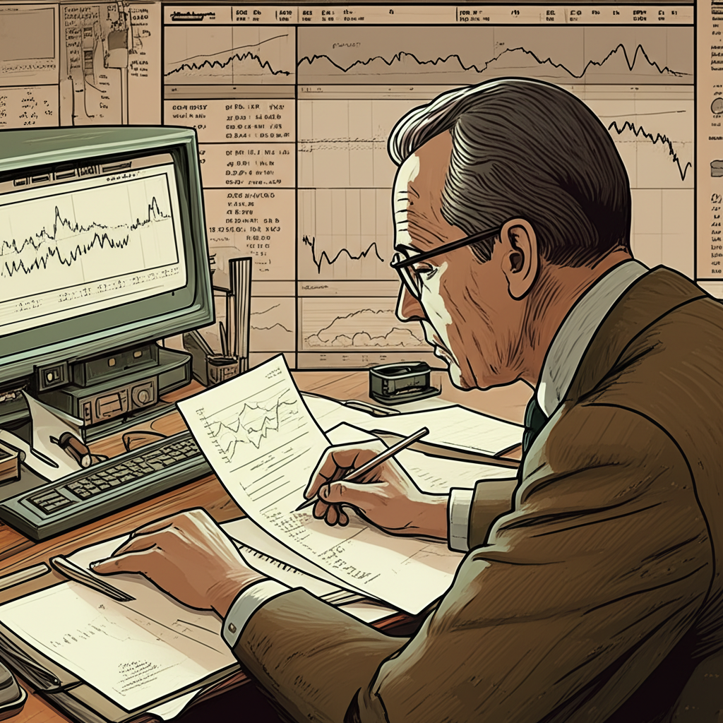 A financial trader in the 1970s Gerald Appel observing NYSE market data with charts and graphs balancing sensitivity and stability illustration style