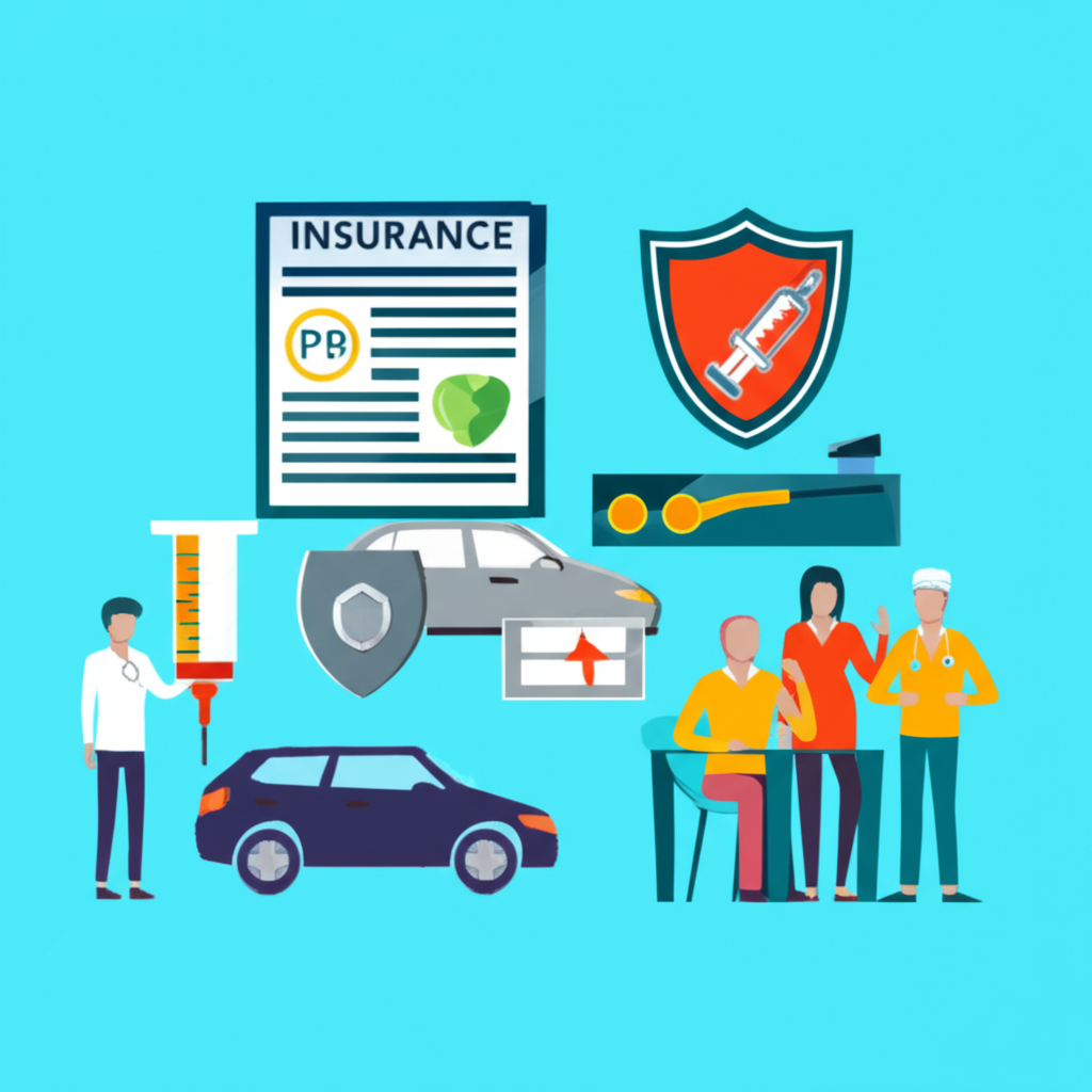 汽車保險文件與接種疫苗的畫面,旁邊是受保護的投資組合示意圖