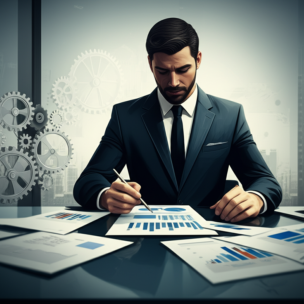 企業主管依據現金流量表直接法數據制定策略，背景齒輪象徵營運效率提升