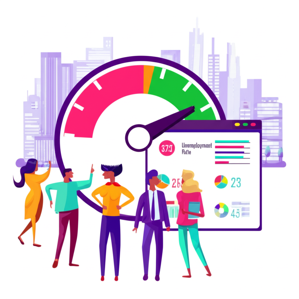 繁忙城市中經濟健康儀表板顯示失業率數據的插圖