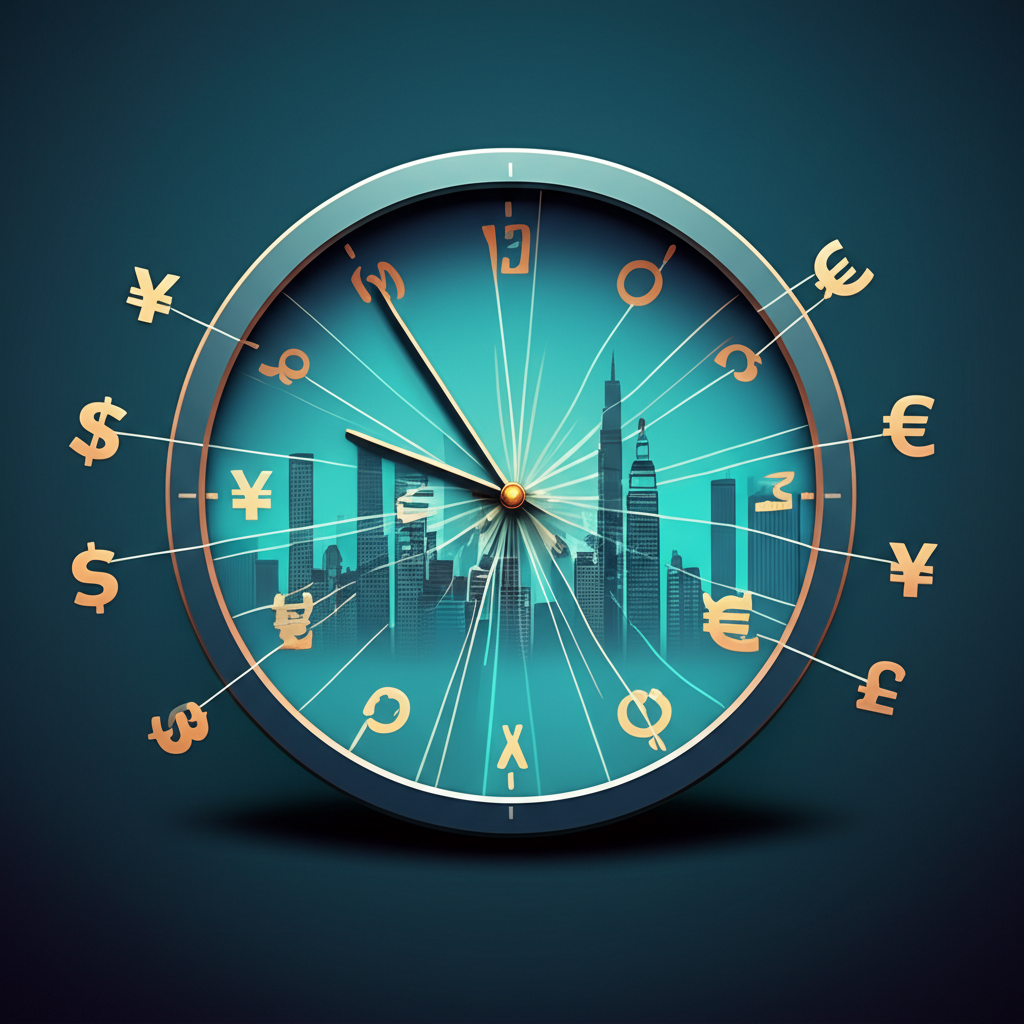 An illustration of a clock face showing 24 hours with currency symbols orbiting it and interconnected global cities representing continuous forex trading around the clock high liquidity and fast transactions