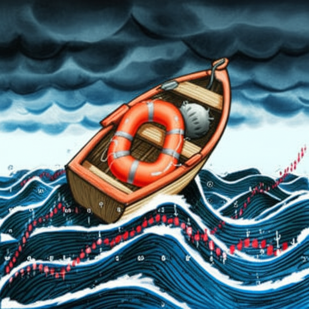 投資風險管理:小船在風暴金融海中航行,配備救生筏與氣囊的避險策略示意圖