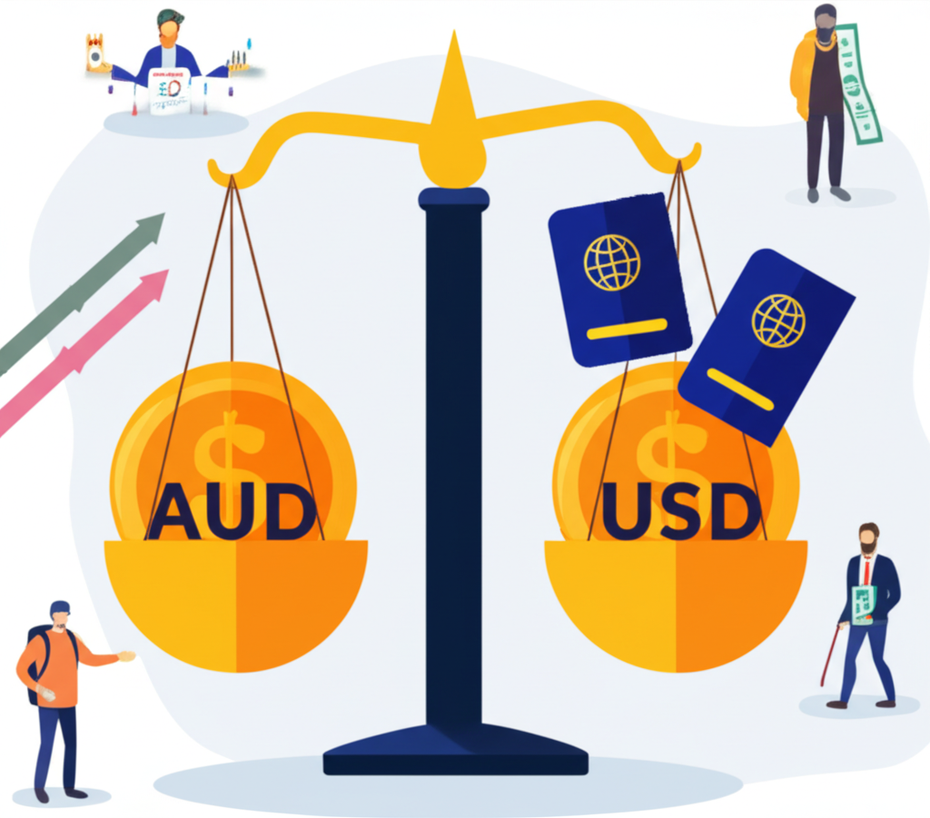 AUD and USD coins on a scale showing exchange rate fluctuations, with traveler, investor, and remittance scenes