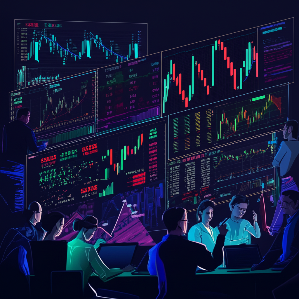A diverse financial market with different assets like stocks futures crypto and various trading frequencies short term long term represented by dynamic charts and people making decisions illustration style