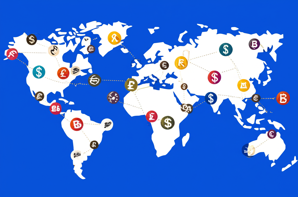 An illustration of global currencies exchanging in a bustling financial market with money flowing between different countries and continents representing the largest most liquid financial market
