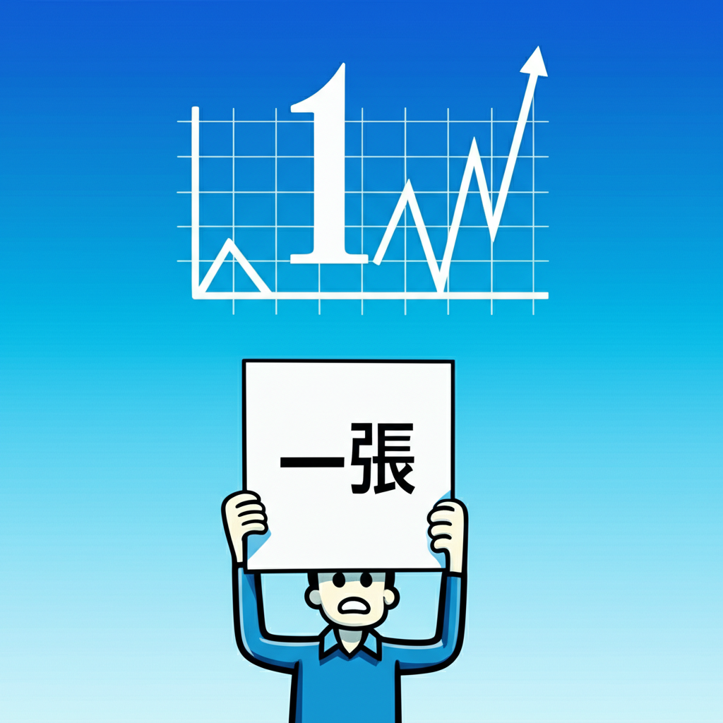 Illustration of a confused investor holding a '一張' sign looking at a US stock chart with '1 share' floating around a clear blue sky