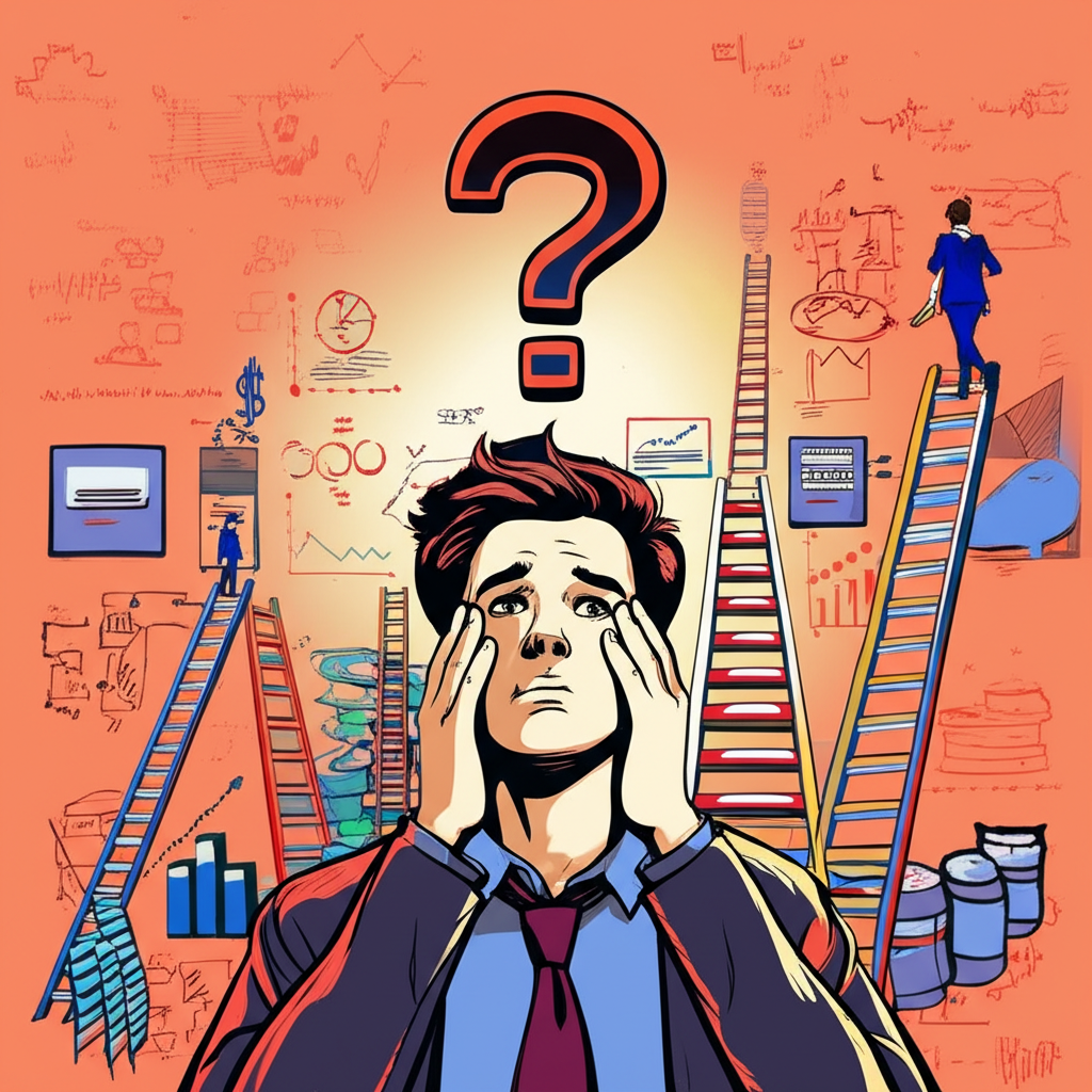 一位困惑於MA多重含義的人,背景有金融圖表與企業階梯,頭上有問號,生動色彩