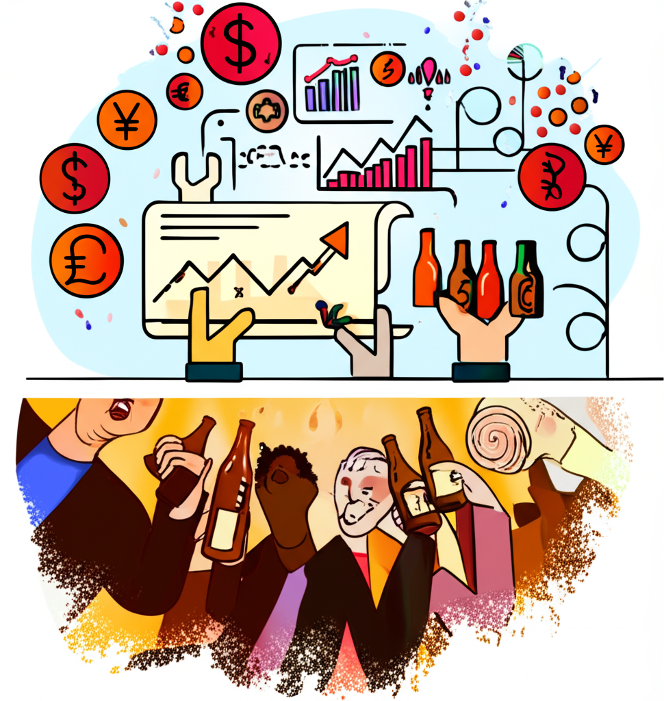 金融圖表與啤酒享用場景,代表一手的雙重含義