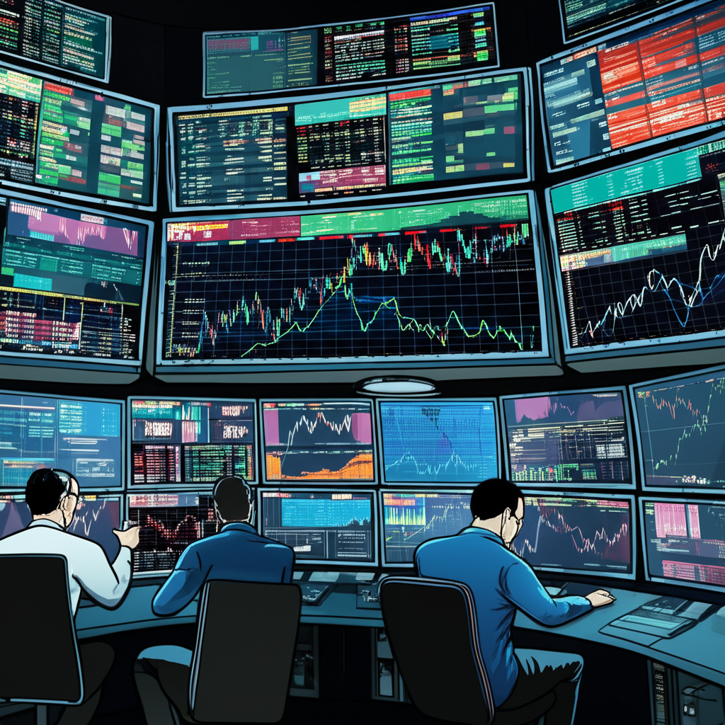 美股夜盤交易場景圖示,交易員對突發新聞快速反應