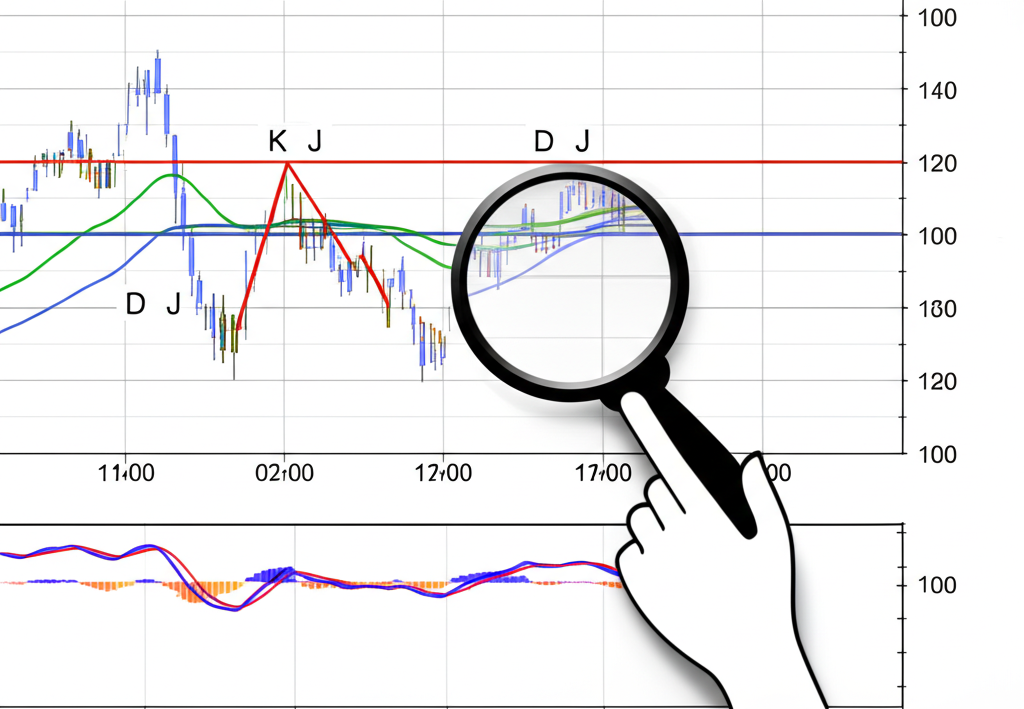 金融圖表插圖顯示KDJ線在0到100間波動，標註超買超賣區，放大鏡突出交叉點，手指指向數位介面圖表