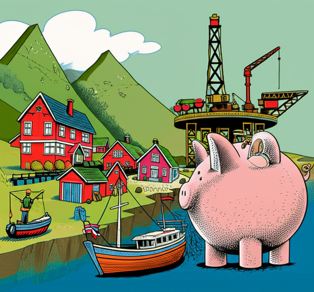 挪威從貧困漁業國家轉變為富裕國家的插圖,展示北海石油平台與象徵主權財富基金的巨大存錢罐