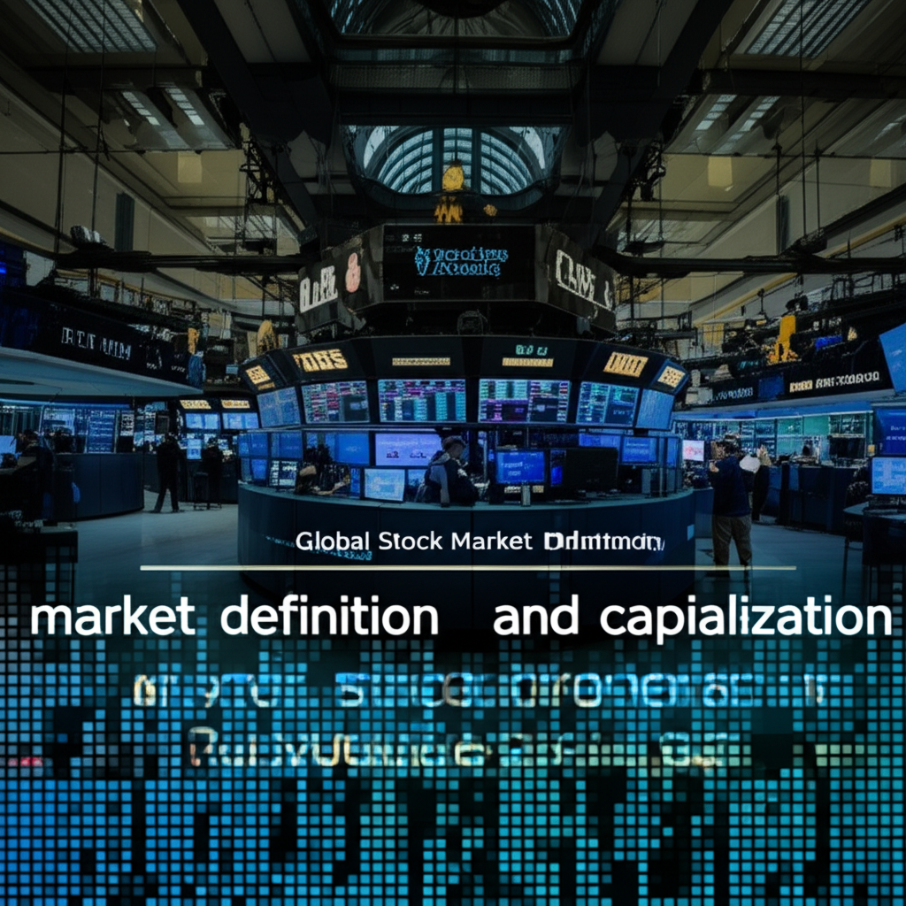 全球股市定義與功能,包含市值、交易量以及繁忙交易所地板的插圖