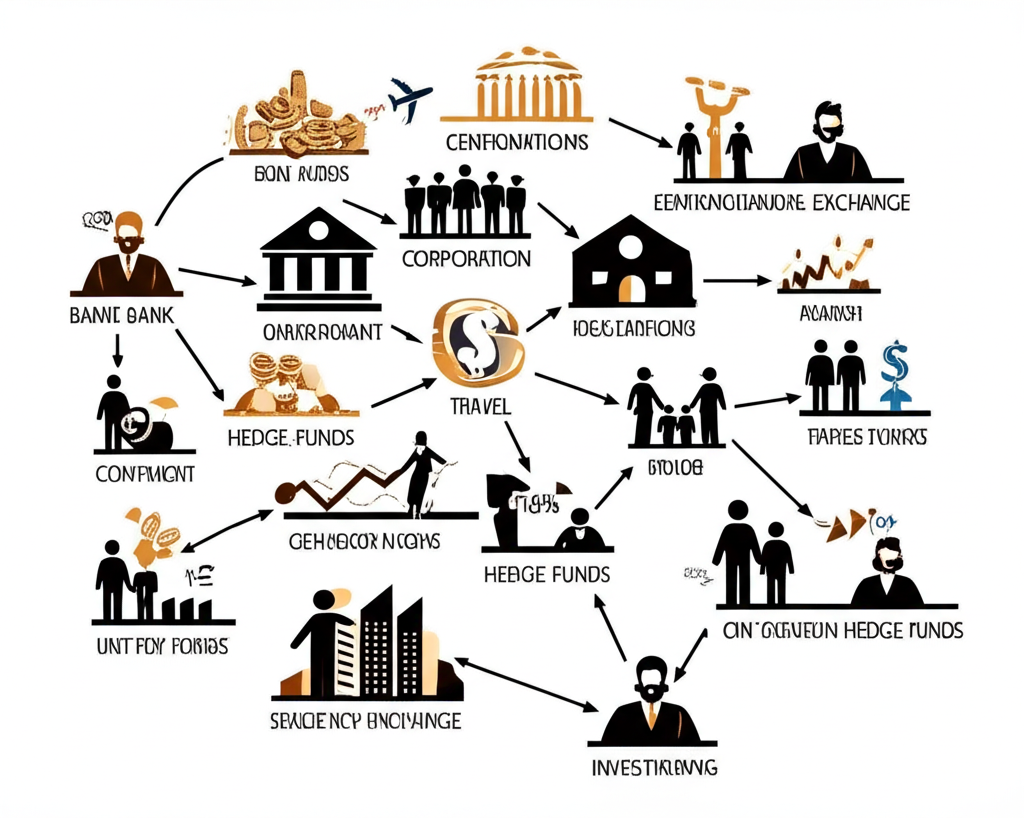 An illustration of diverse figures representing major banks central banks corporations hedge funds and individual investors engaging in currency exchange for trade investment travel or speculation forming a complex global ecosystem