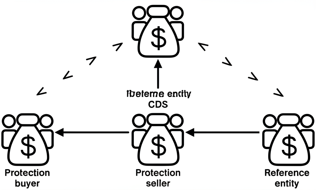 CDS運作機制示意圖：展示信用保護買方、賣方與參考實體的交易流程