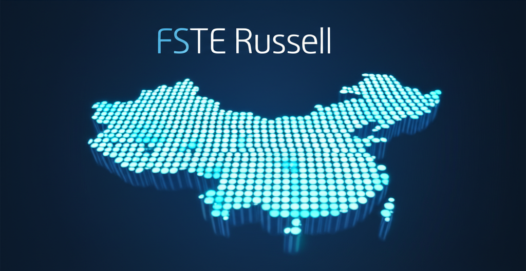 富時羅素標誌與中國地圖,標示上海深圳五十家主要A股公司