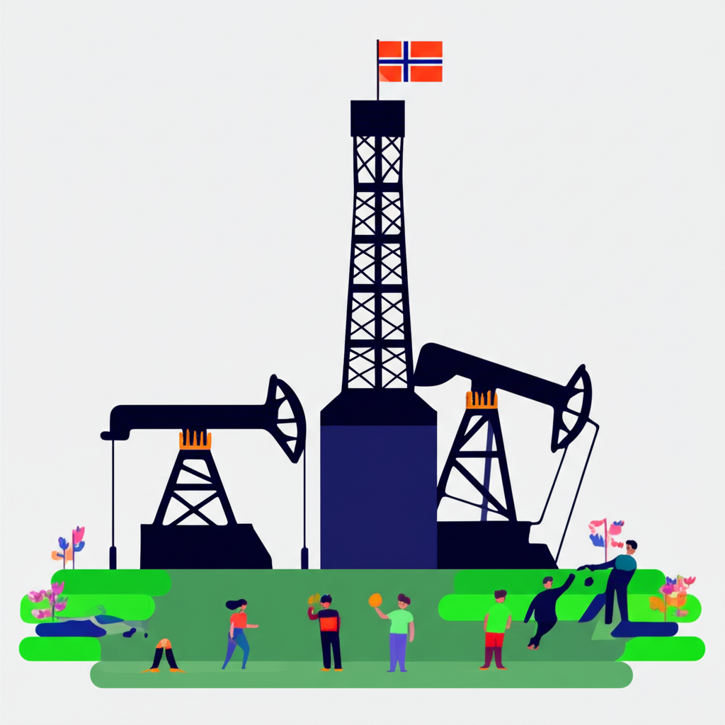 挪威政府管理石油財富的插圖,公民分享利益,象徵國家控制與資源公平分配