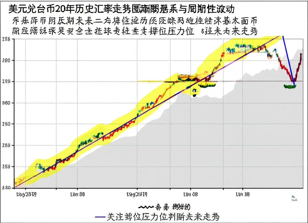 美元兌台幣20年歷史匯率走勢圖插圖,展示趨勢線、支撐位與壓力位