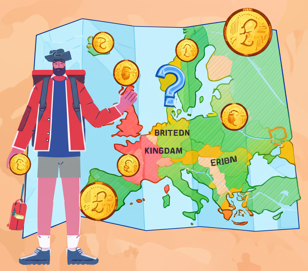 旅行者手持歐洲地圖,英國上空懸浮問號,周圍環繞英鎊硬幣與歐元紙幣,象徵貨幣使用疑問