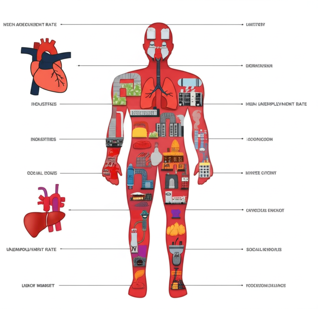 國家如人體勞動市場心臟泵送人力到產業高失業率導致經濟放緩的插圖