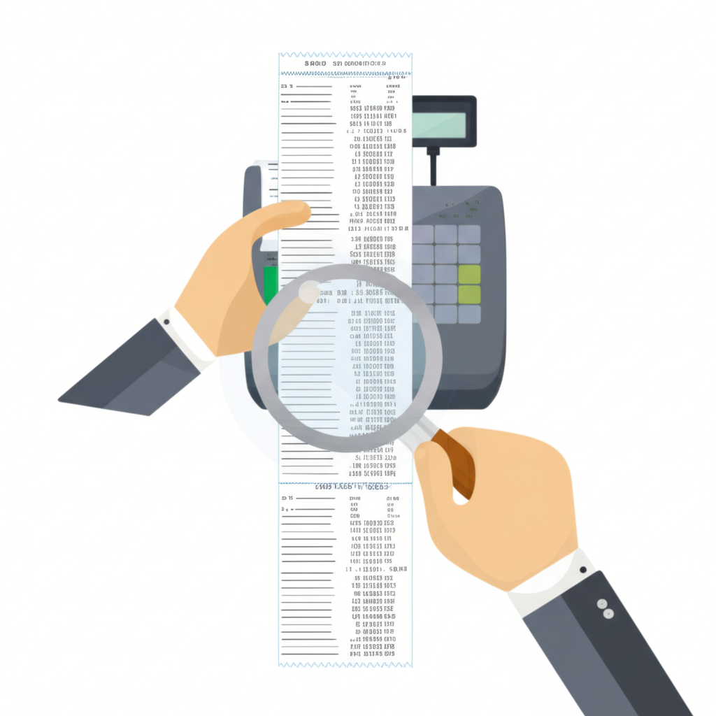 企業人士手持現金收銀帶，放大鏡檢視營運健康的現金流入與流出，象徵投資者信心