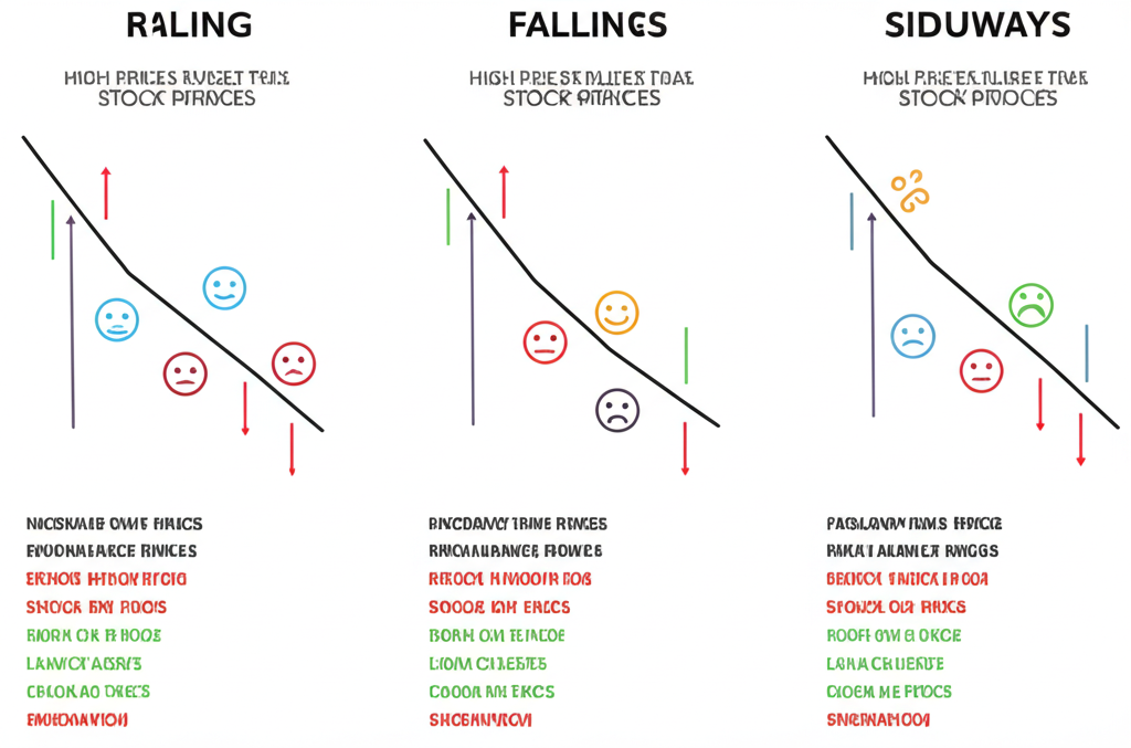 上升、下降與橫盤市場趨勢比較圖示,顯示高低點與市場情緒差異