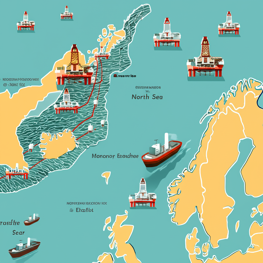 北海地圖插圖,顯示石油平台與船隻,描繪艾可菲斯克油田發現如何將挪威轉變為主要石油生產國