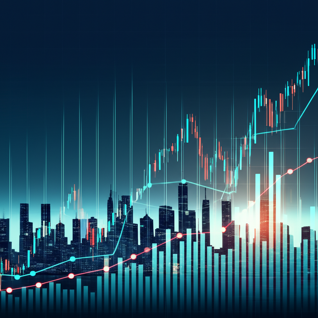 世界主要股市影響全球經濟的金融景觀,包含上升與下降的圖表以及城市天際線插圖