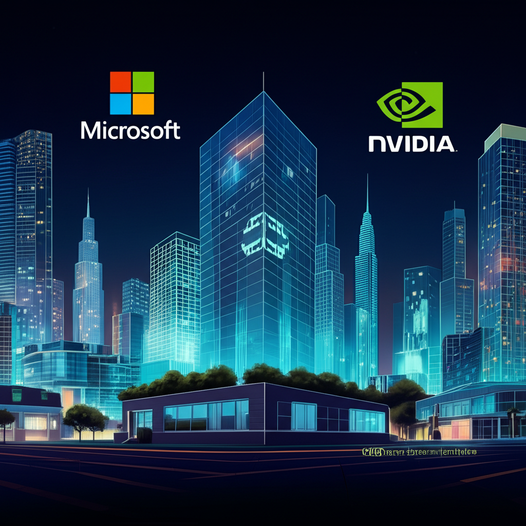 標誌性科技巨頭建築,閃耀創新符號,微軟、蘋果、輝達標誌引領市場,強調人工智慧與雲端服務的插圖