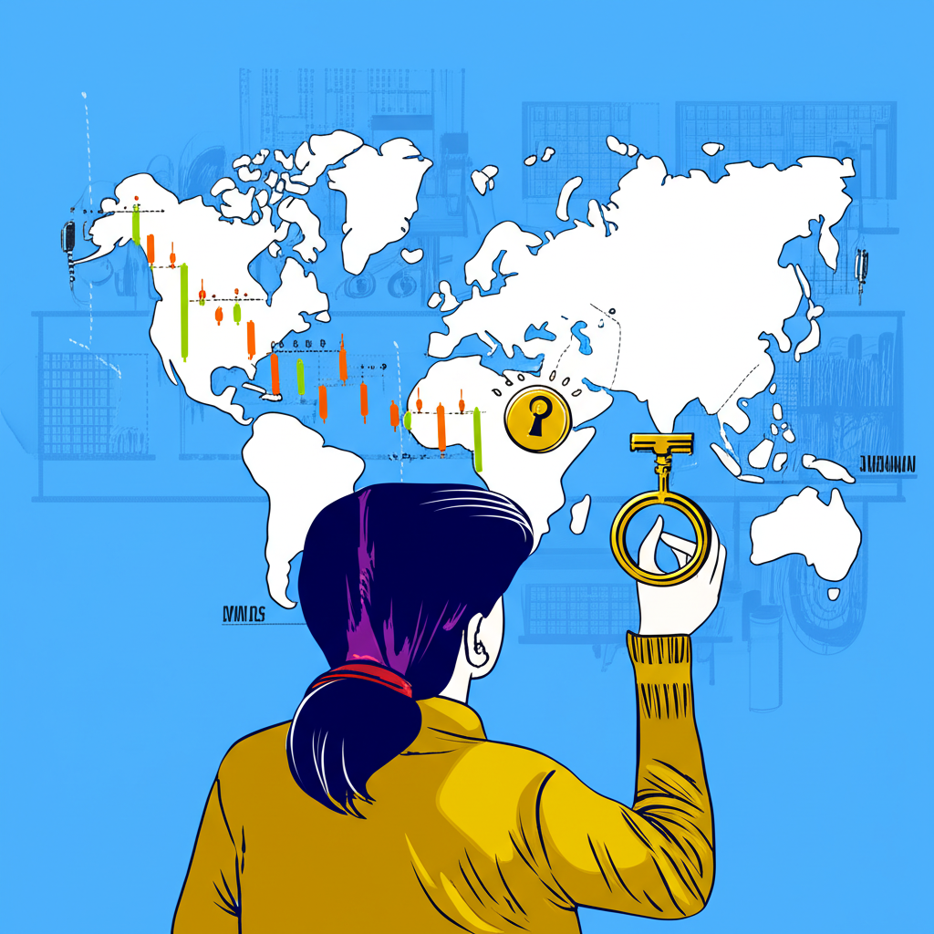 一個來自台灣或香港的人看著世界地圖,地圖上有股票市場圖表,一把鑰匙解鎖美國股票市場,代表輕鬆進入和分散投資機會的插圖