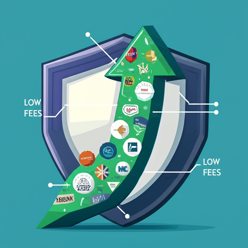一個插圖顯示一個放大鏡檢查三個標記為道瓊、S&P 500、那斯達克100的財務圖表,在數位平板上,代表理解指數特點以選擇ETF