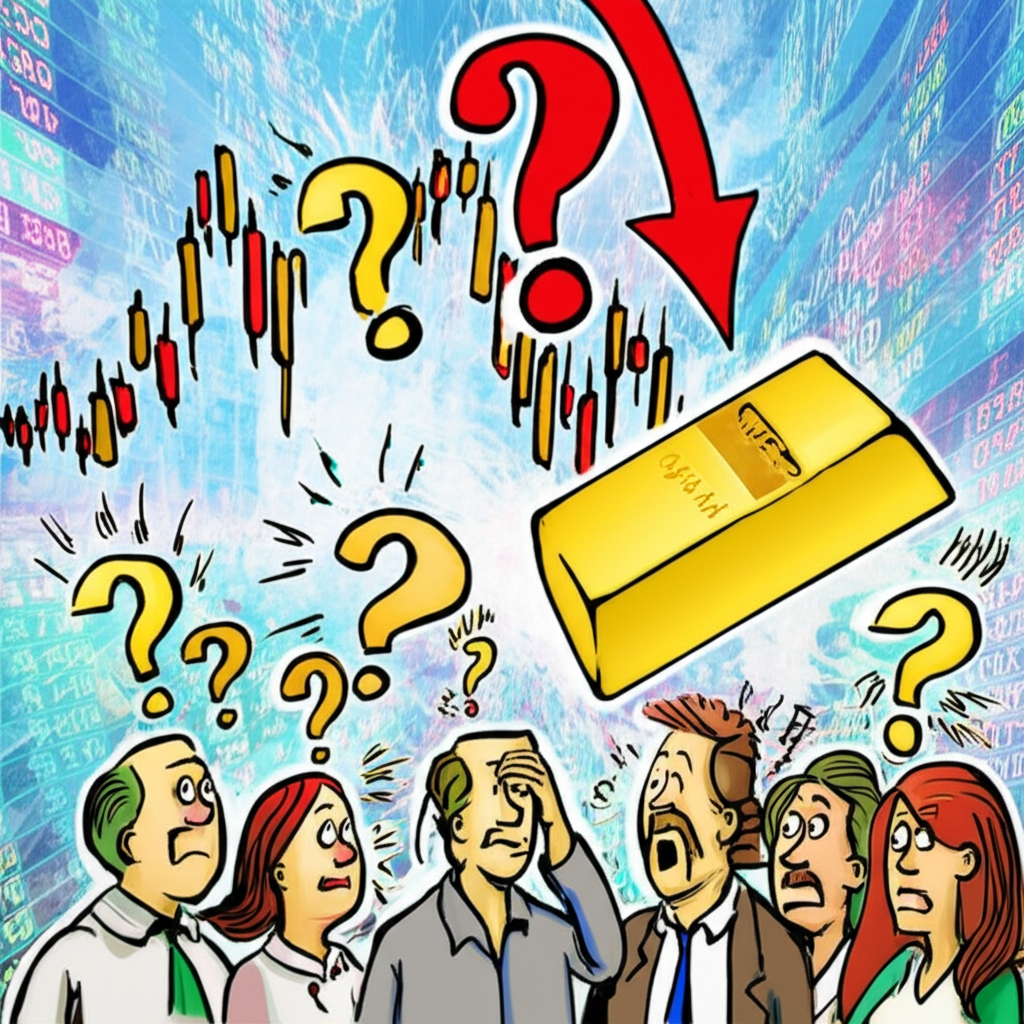 金條下跌的插圖,擔憂的投資者在動盪市場中頭頂問號,象徵投資困惑
