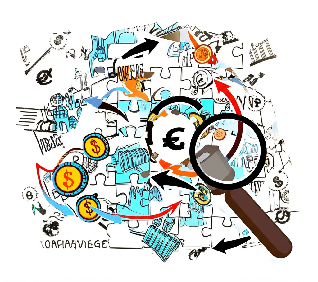 Interconnected global factors like politics, finance, and trade influencing AUD/USD exchange rates illustration